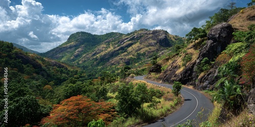 Scenic Curved Mountain Road Through Dense Tropical Forest on a Sunny Day.  Generative AI

