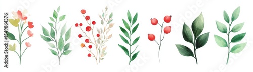 Watercolor Floral Elements Green Leaves, Red Berries, Pink Flowers, Botanical Illustration, Plant Clipart Botanical illustration, watercolor painting