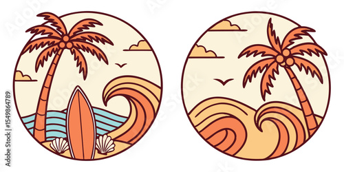 Vector graphic set with a tropical surf and sun theme illustrations. Including phrases such as "Make Waves,Surf & Sun, Paradise Beach Club, and "Good Vibes Only,surfing, palm tree, illustration, sun, 