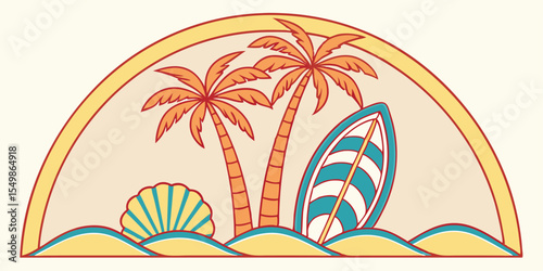 Vector graphic set with a tropical surf and sun theme illustrations. Including phrases such as "Make Waves,Surf & Sun, Paradise Beach Club, and "Good Vibes Only,surfing, palm tree, illustration, sun, 