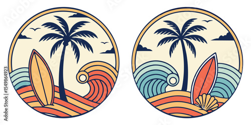 Vector graphic set with a tropical surf and sun theme illustrations. Including phrases such as "Make Waves,Surf & Sun, Paradise Beach Club, and "Good Vibes Only,surfing, palm tree, illustration, sun, 