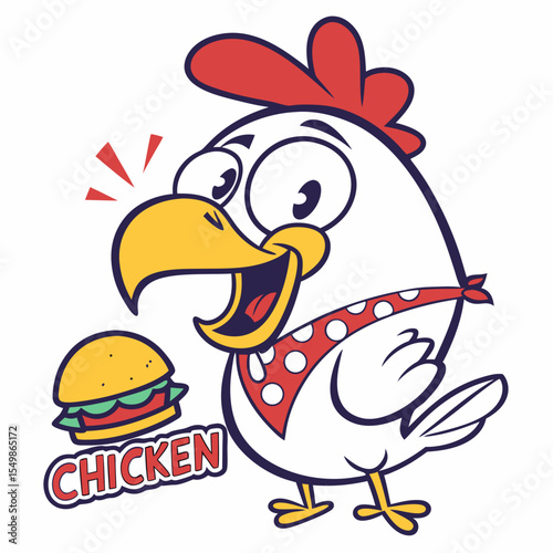 Excited cartoon chicken ready to serve delicious chicken burgers