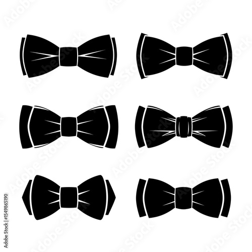 A collection of six black bow tie illustrations arranged in a symmetrical pattern on a white background