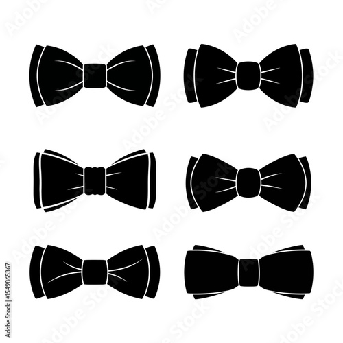 Collection of six black bow tie illustrations arranged in a grid on a white background design element