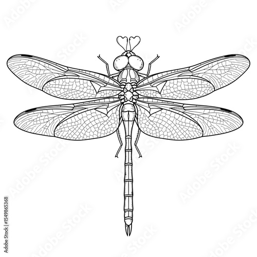 Detailed line drawing of a dragonfly with intricate wing patterns on a white background top view