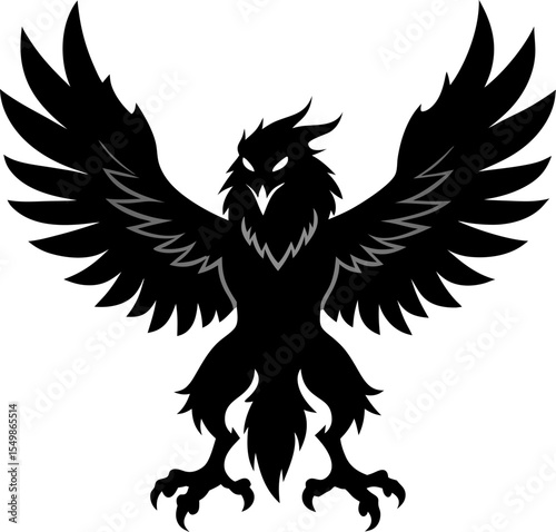 "Eagle silhouette with wings spread wide, aggressive pose, vector"
