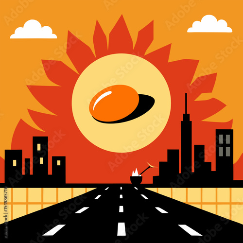"Silhouette of sizzling egg on sidewalk with heat waves rising, vector"
