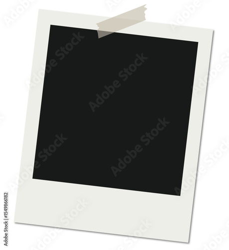 Blank polaroid photo frame isolated from background, vintage instant film camera with tape