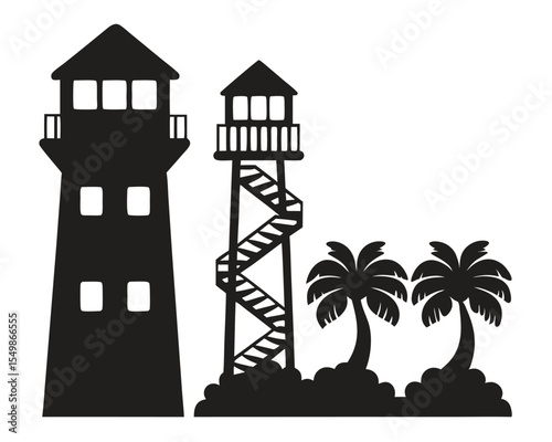 Lighthouse silhouette vector illustration of a coastal beacon tower against the sky and sea, a landmark for navigation and travel