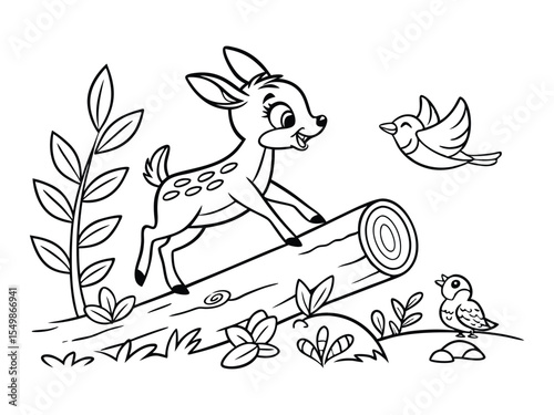 Cute cartoon baby deer. Coloring book page for children. Coloring book deer eating noodles with chopsticks among flowers and hearts. Fun line art for coloring