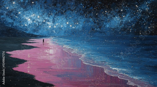 starry night beach with sparkling sea and pink shore in dreamy high view