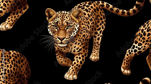 Detailed leopard print pattern on a black background.