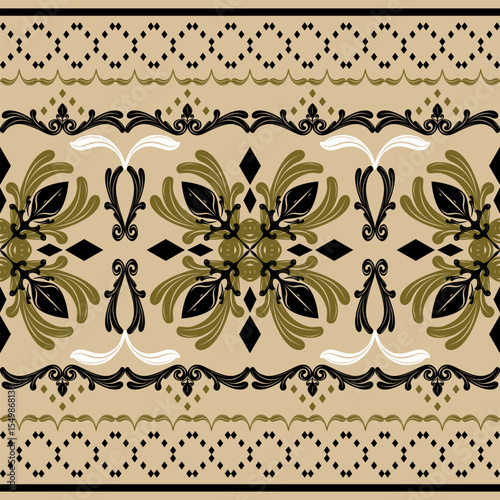 Exquisite Imaginary Golden Rich Florals Pattern Delicate Detailed Ornament with Black Gold White Filigree Hand Drawn Border for Luxury Rococo Baroque Decorate Style Embroidery Textiles Carpet Lace Rug