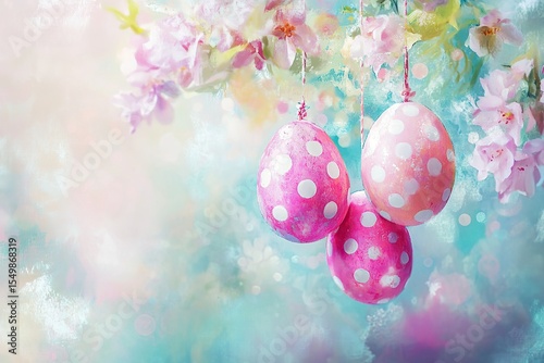 Digital art of pink and white polka dot Easter eggs hanging from flowers, with a blurred background