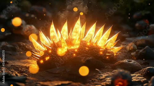An abstract fantasy creature resembling a hedgehog, made of glowing orange crystals and fire, sitting on a dark ground