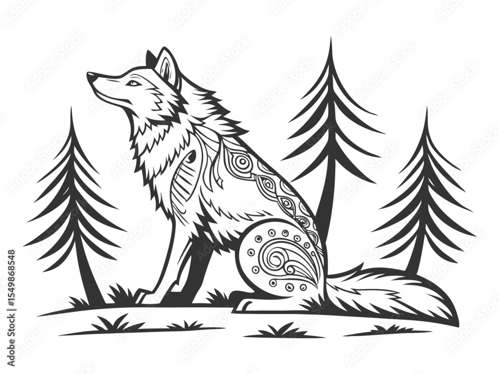 Obraz premium Curious wolf sitting in the forest, Scandinavian style, isolated hand-drawn vector clipart