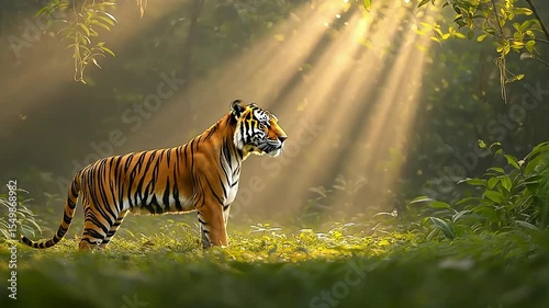 A majestic tiger walks through the dense forest, illuminated by beautiful sunlight shining through the trees. 