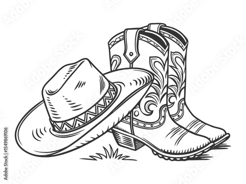 Cowboy boots and a western hat. Vector graphic hand-drawn illustration of rodeo cowboy clothes isolated on white for print or design