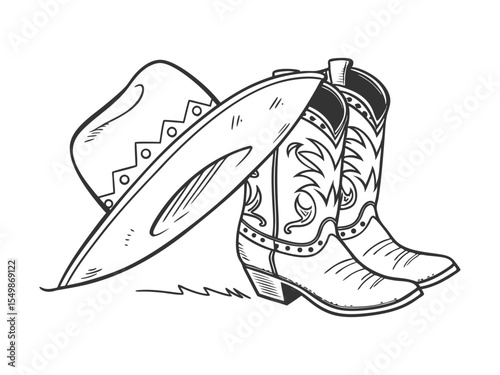 Cowboy boots and a western hat. Vector graphic hand-drawn illustration of rodeo cowboy clothes isolated on white for print or design
