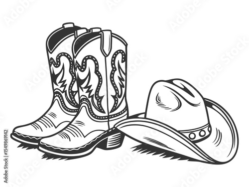 Cowboy boots and a western hat. Vector graphic hand-drawn illustration of rodeo cowboy clothes isolated on white for print or design