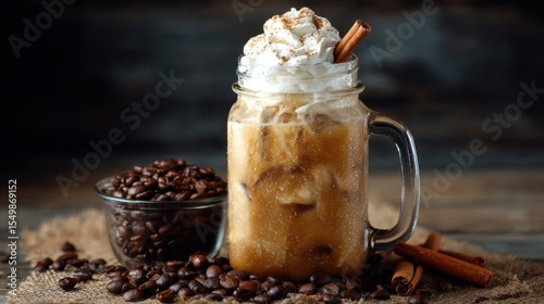 Iced coffee in mason jar with whipped cream and cinnamon, coffee beans.
