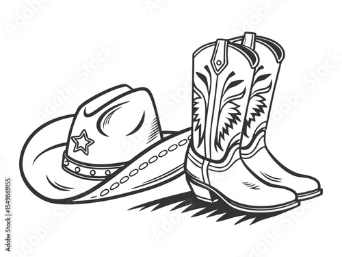 Cowboy boots and a western hat. Vector graphic hand-drawn illustration of rodeo cowboy clothes isolated on white for print or design