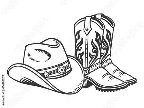 Cowboy boots and a western hat. Vector graphic hand-drawn illustration of rodeo cowboy clothes isolated on white for print or design