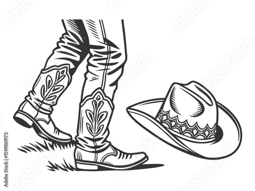 Cowboy boots and a western hat. Vector graphic hand-drawn illustration of rodeo cowboy clothes isolated on white for print or design