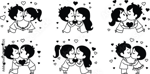 cute cartoon Kissing vector outline with hearts and sparkles around.