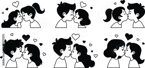 cute cartoon Kissing vector outline with hearts and sparkles around.
