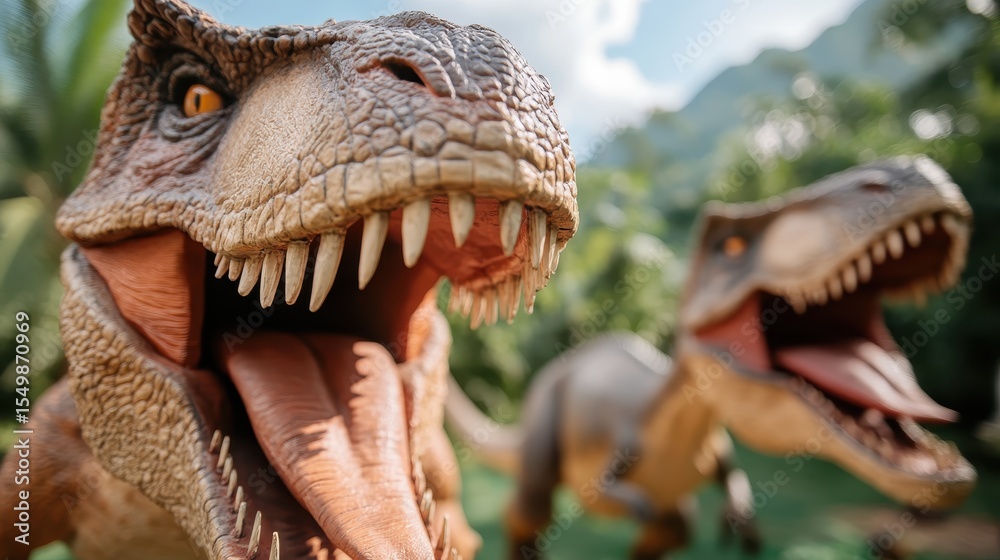 Obraz premium Two fierce Tyrannosaurus rex dinosaurs roar in a lush natural setting, displaying the majestic power and grandeur of these prehistoric reptiles in a vibrant and captivating scene.