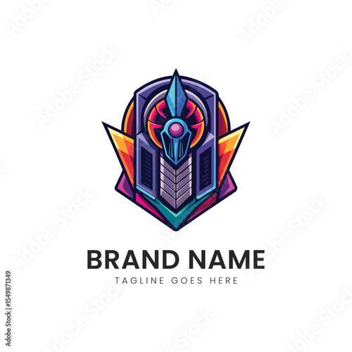 A vibrant and futuristic logo featuring a stylized helmet design, utilizing sharp lines and colorful geometric shapes to evoke a sense of innovation and technology.