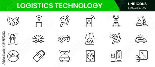 Efficient vector web line icons depicting logistics technology, tracking, automation, supply chain, and digital solutions for streamlined global operations.