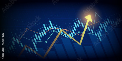 technology financial graph with uptrend line arrow and bar chart of stock market on blue color background