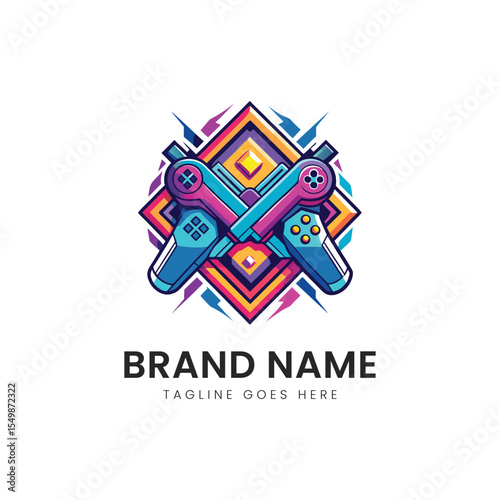 Vibrant illustration featuring two gaming controllers crossed over a colorful geometric background, perfect for a gaming brand logo or promotional material.