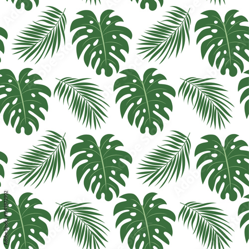 Seamless vector pattern with tropical leaves, monstera and palm. Botanical design, perfect for textile prints, wallpapers, wrapping paper, packaging, and home decor.