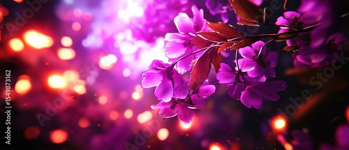 Vibrant Purple Blossoms Surrounded by Glowing Colorful Light Effects