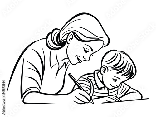 Continuous one line drawing of loving young mother and daughter drawing painting in an album or learn to write in notebooks or in writing