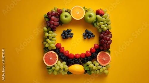 Overhead Humorous Fruit Face with Playful Texture and Vibrant Background for Creative Text Overlay