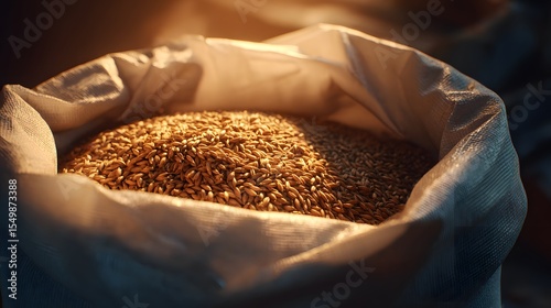 Cinematic Rustic Malt Grain Image in Pristine White Sack with Warm Morning Sunlight at a Charming Brewery