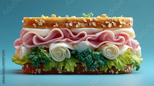 Hyperrealistic flat lay of a refined minimalist sandwich made with organic ingredients, showcasing dynamic 3D shading and lifelike details.