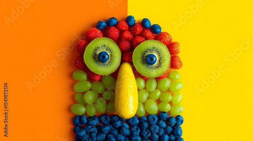 Dynamic Overhead Fruit Sculpture with Whimsical Design and Bold Colored Background Featuring Ample Copy Space for Custom Text