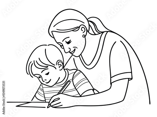 Continuous one line drawing of loving young mother and daughter drawing painting in an album or learn to write in notebooks or in writing