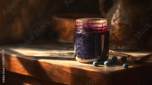 Vintage-Inspired Blueberry Jam in a Ceramic Jar Artfully Posed on an Antique Table with Warm Lighting and Rich Textural Details in a Rustic Setting