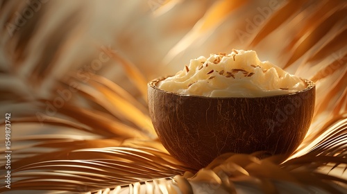 Artistic and Inviting Tropical Culinary Masterpiece Showcasing Haupia Coconut Pudding in a Coconut Shell with Radiant Soft Backlighting and Sun-Kissed Palm Leaves