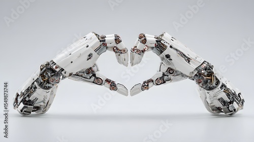 Highly detailed illustration of advanced robotic hands forming a heart symbol against a stark white background, representing futuristic technology and digital art.