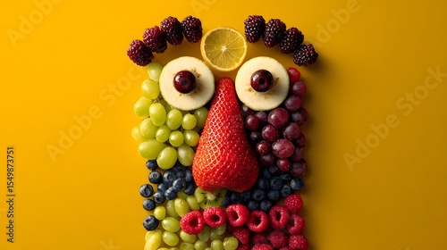 Dynamic Overhead Fruit Sculpture with Whimsical Design and Bold Colored Background Featuring Ample Copy Space for Custom Text