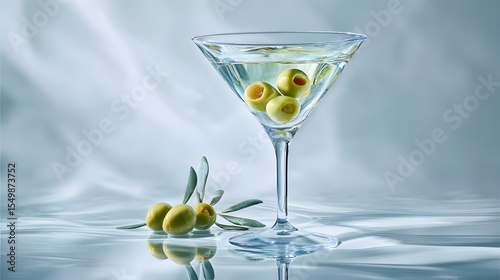 Contemporary Martini Glass Displaying a Pristine Gin Martini with Elegant Olive Garnish on a Clean Transparent Backdrop