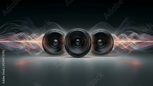 Hyper-Realistic Illustration of Advanced Sound System Emitting Pulsating Waves and Synchronized Rhythms on a Sleek Gradient Background