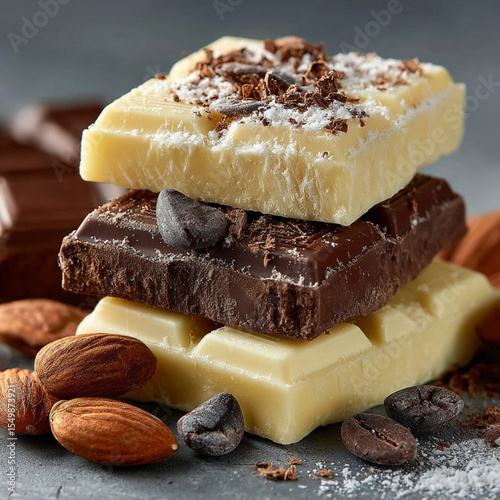 Pieces of chocolate bar. milk chocolate dark chocolate white chocolate
